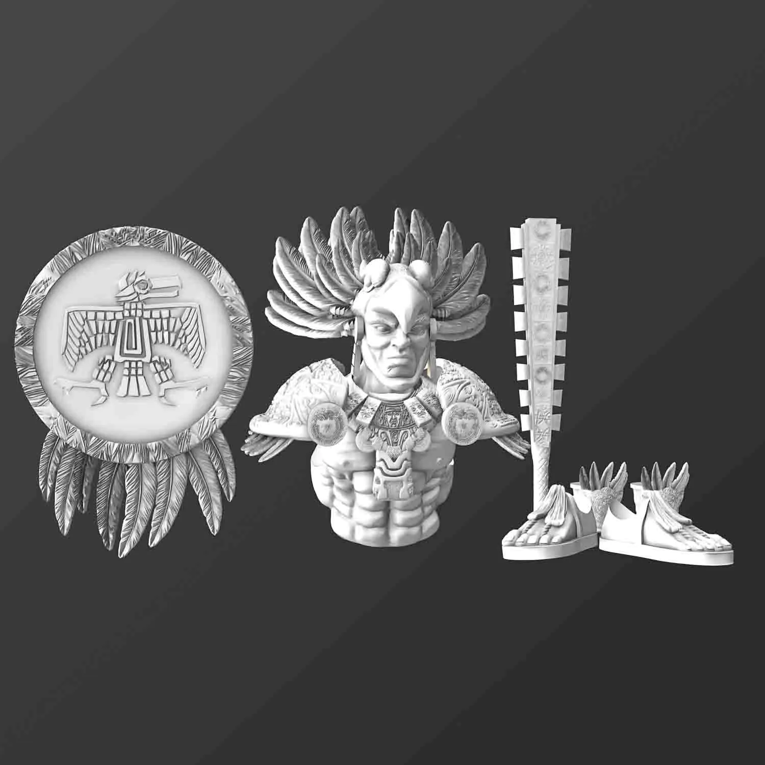 Azték Saslovag páncélzat 3D rekonstrukció tolldísz pajzs tüskés fegyver elit harcos katonai rend