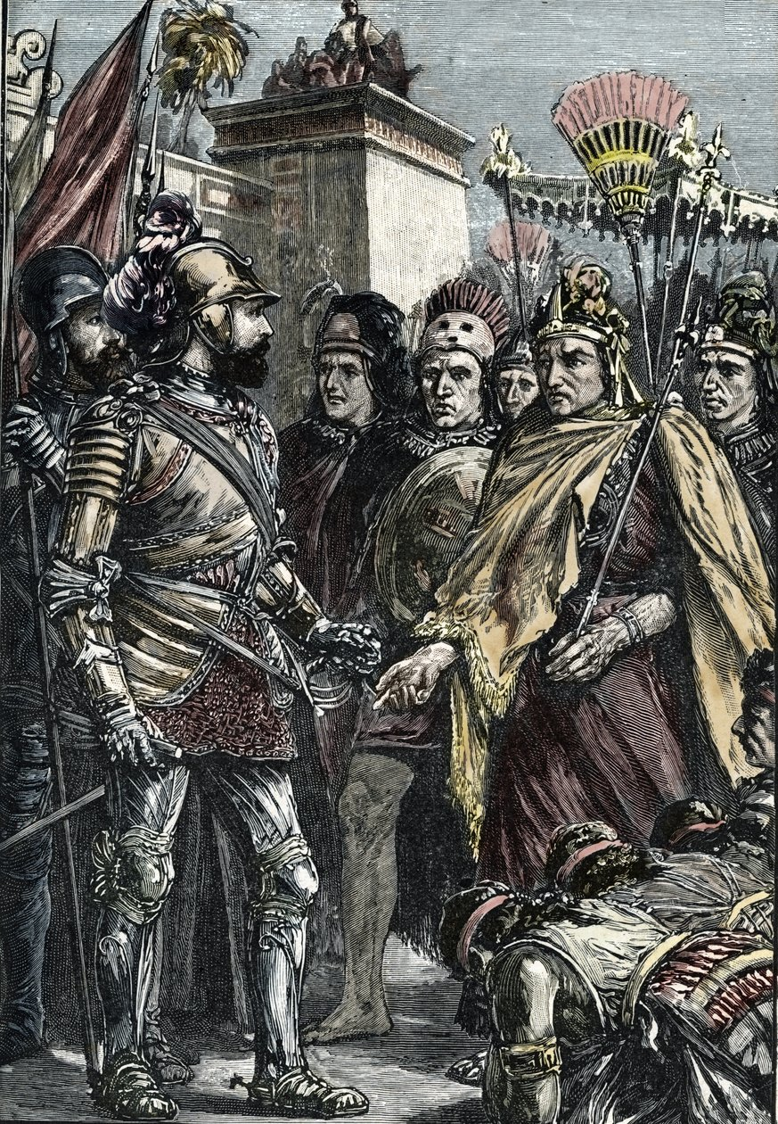 Hernán Cortés Moctezuma II találkozás 1519 spanyol hódítás azték uralkodó történelmi esemény