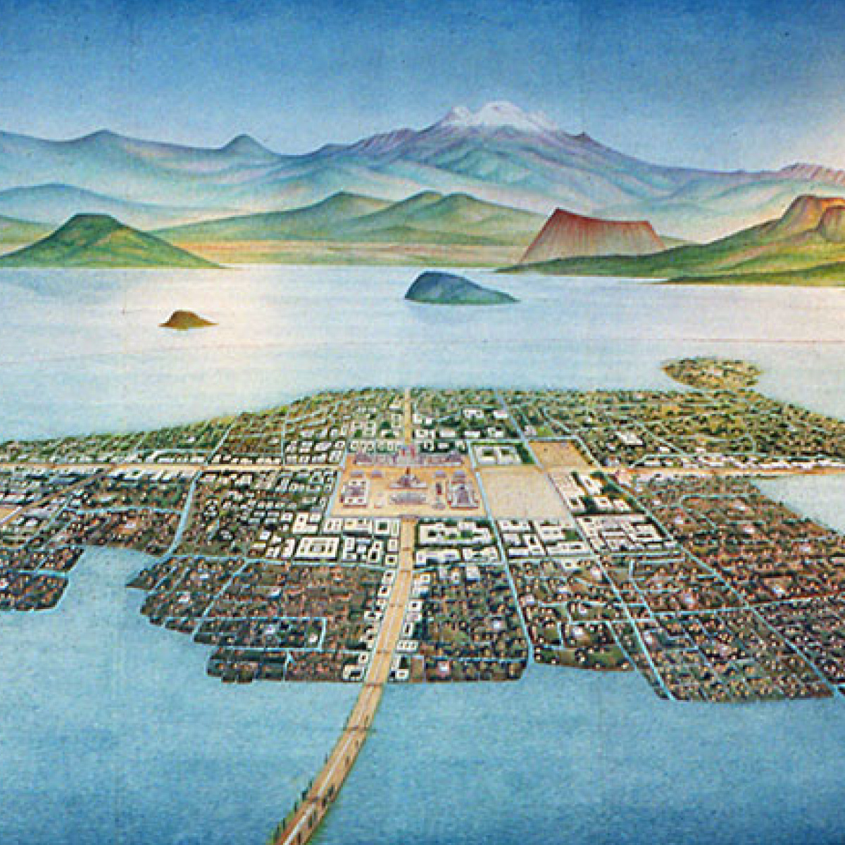 Tenochtitlan művészi rekonstrukció Texcoco-tó szigetes elrendezés töltésutak hegyek azték főváros