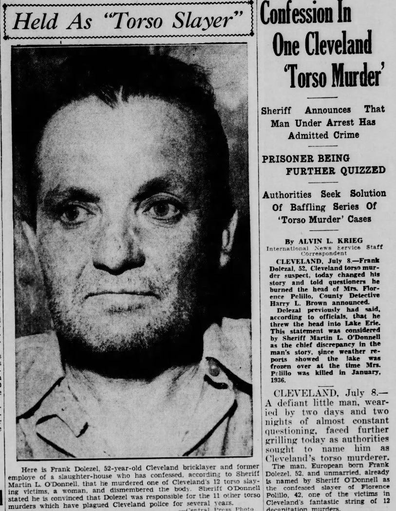 Frank Dolezal újságcikk Cleveland Torso-gyilkosságok gyanúsított beismerő vallomás 1939