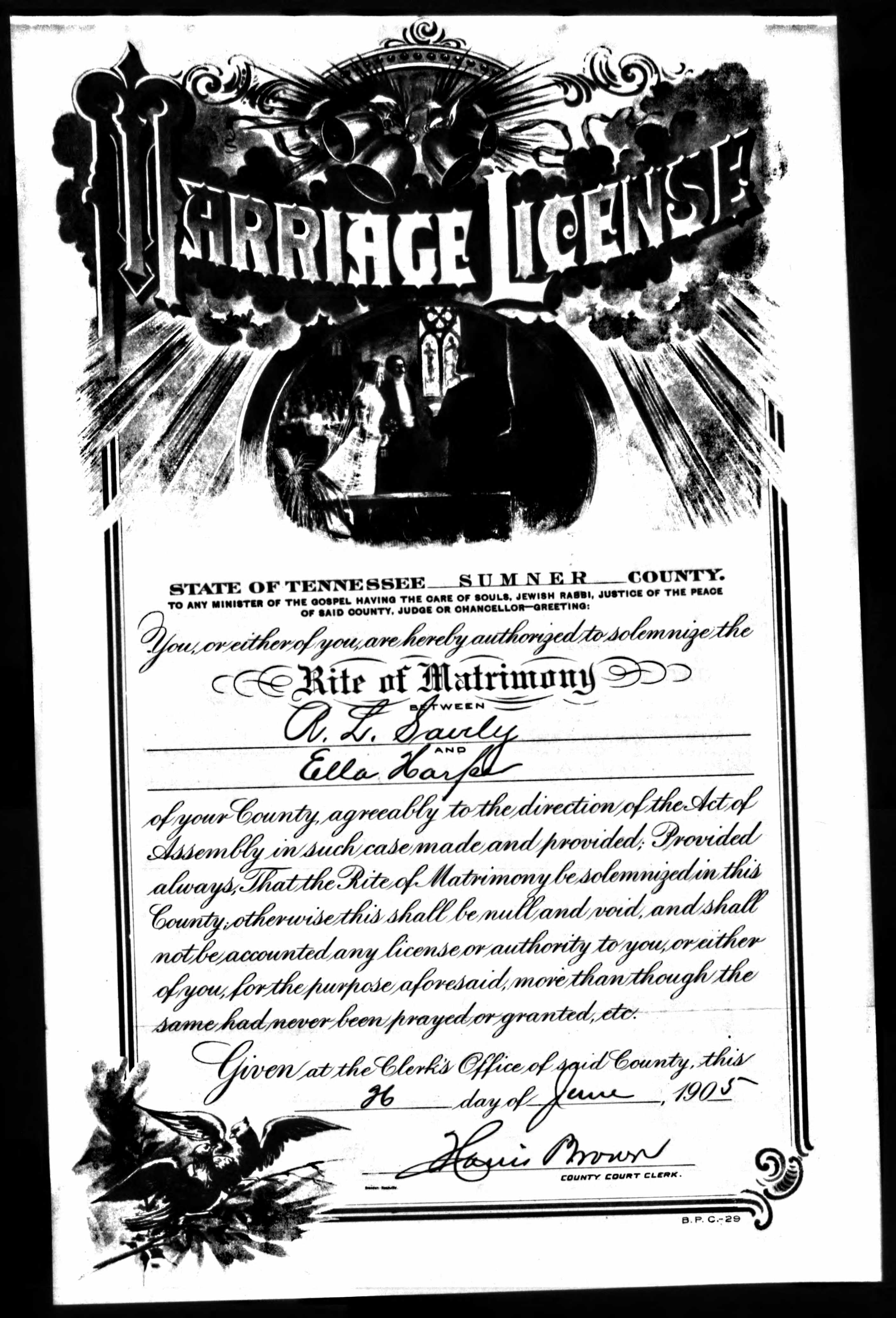 Ella Harper házassági anyakönyvi kivonata 1905-ből, Sumner megye, Tennessee