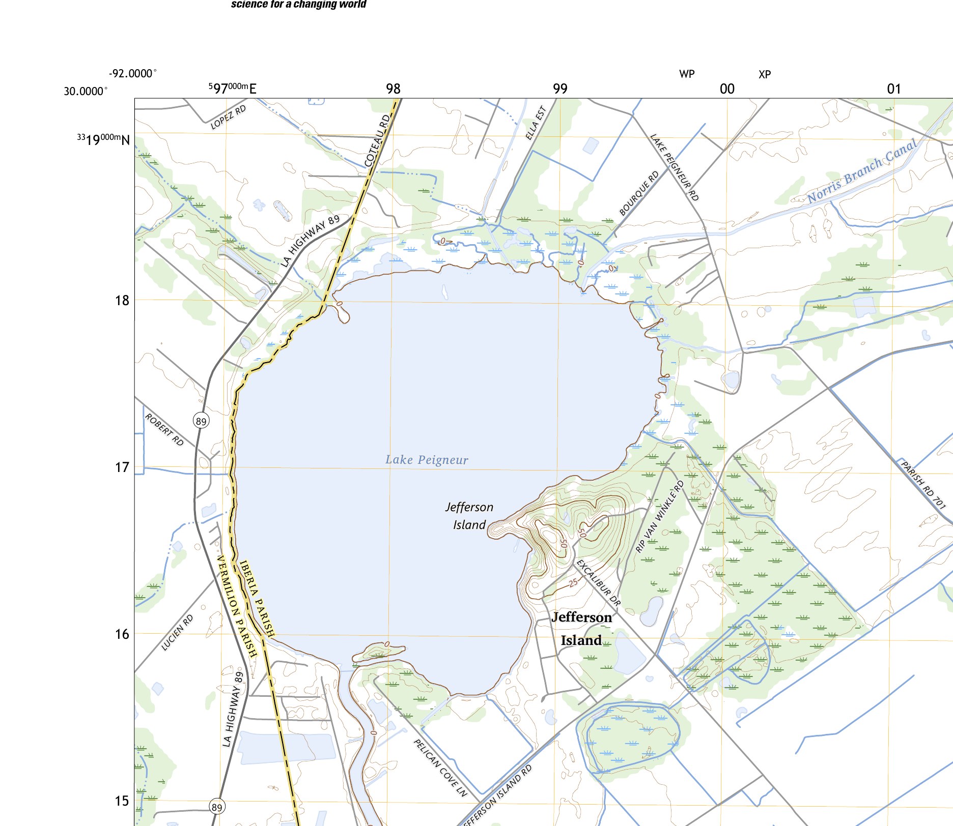 Az amerikai geológiai szolgálat (USGS) 2024-es topográfiai térképe a Peigneur-tóról és Jefferson-szigetről, a mai állapotban